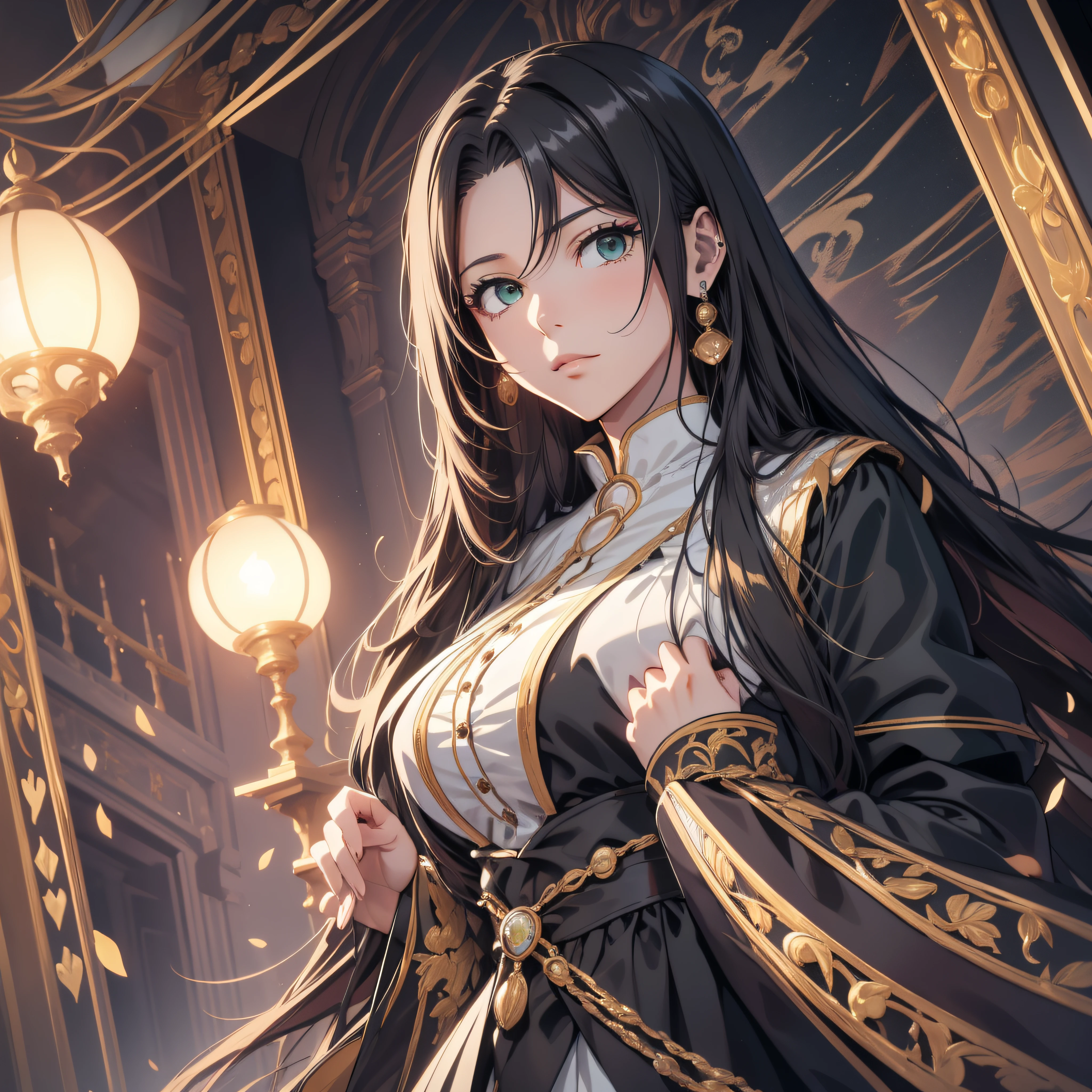 (best quality, masterpiece, ultra-detailed, extremely detailed, highres), (1girl, single, solo), 1 Anime girl, long raven hair, slightly wavy hair, parted bangs, Magus, green eyes, earring, long black coat, white shirt, black skirt, aristocrat, noble attire, beautiful, ethereal, elegant, prestigious, classic, royal building, royal atmosphere