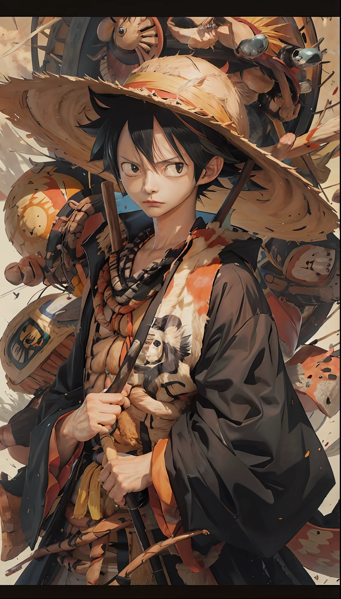 Anime Figur，Mit Hut und großem Stock in der Hand, inspiriert von Eiichiro Oda, eiichiro oda style, Ruffy als Naruto verkleidet, Stil von Eiichiro Oda, trendige Anime-Kunstwerke, offizielles Anime-Artwork, Autor：Joichiro Oda, trendige Anime-Kunst, saubere und sorgfältige Anime-Kunst, Ein Anime-Cover, Ruffy, Ruffy (ein Stück, offizielle Kunst, 4k Manga-Hintergrundbilder