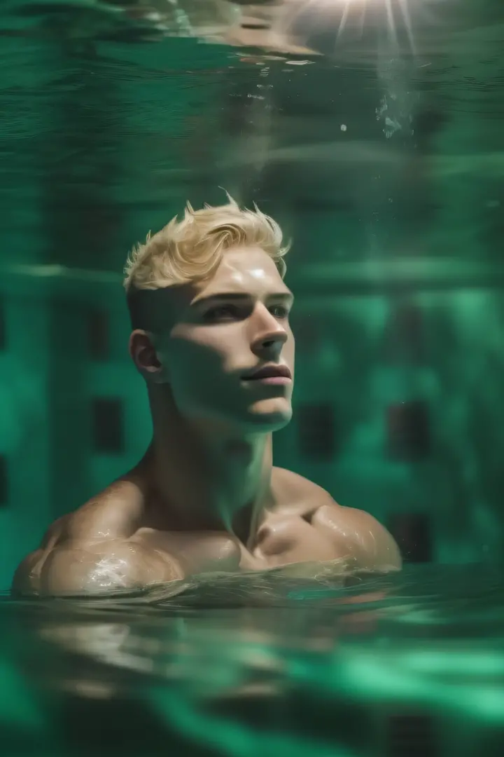 A fit handsome naked and muscular man, with short blonde hair, swimming powerfully underwater in a stunning pool