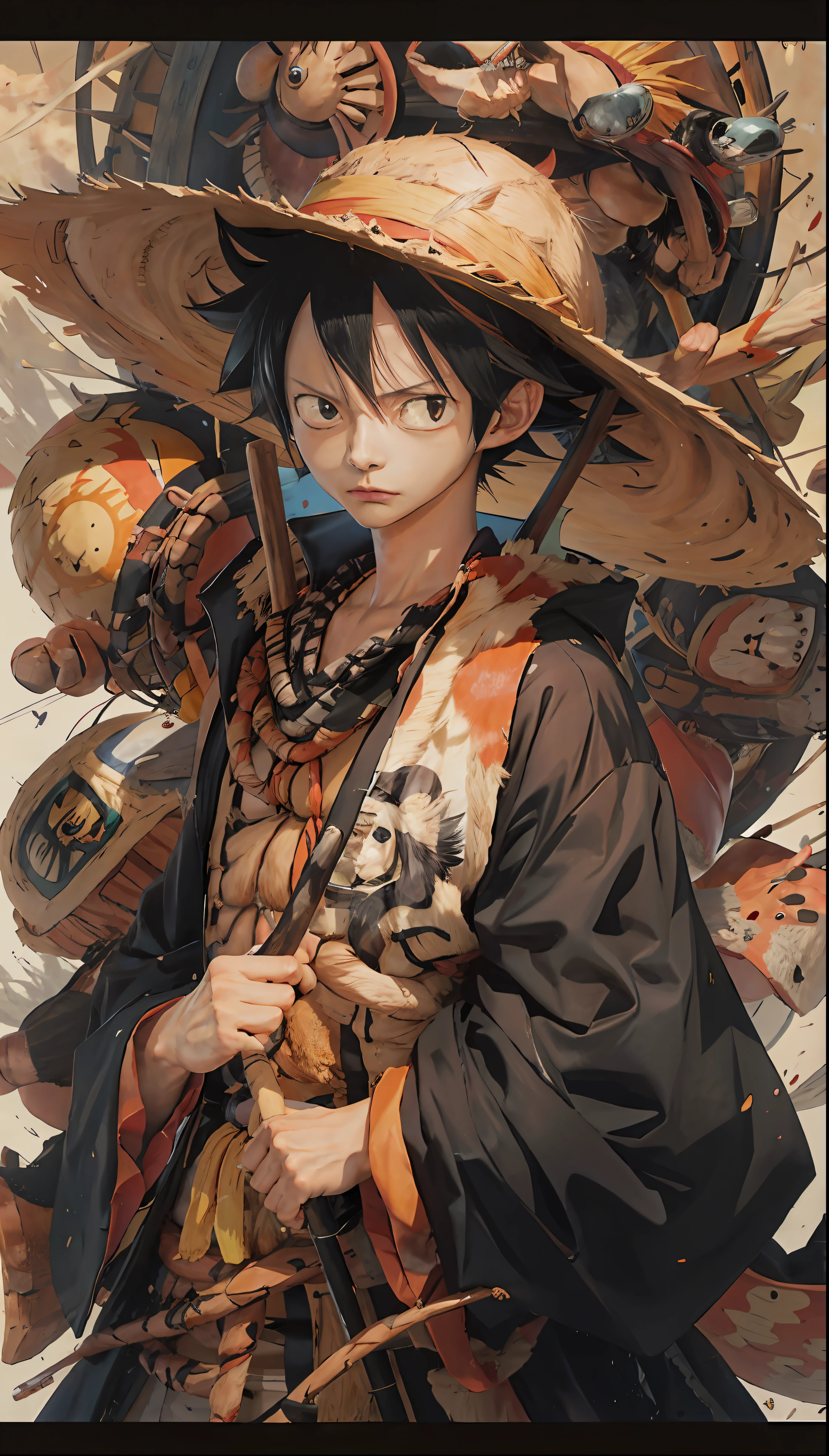anime figure，With a hat and a large stick in his hand, inspired by Eiichiro Oda, Eiichiro Oda style, luffy dressed as naruto, style of eiichiro oda, trending anime artwork, Official anime artwork, author：Joichiro Oda, Trending anime art, clean and meticulous anime art, An anime cover, Luffy, Luffy (One Piece, offcial art, 4k manga wallpapers