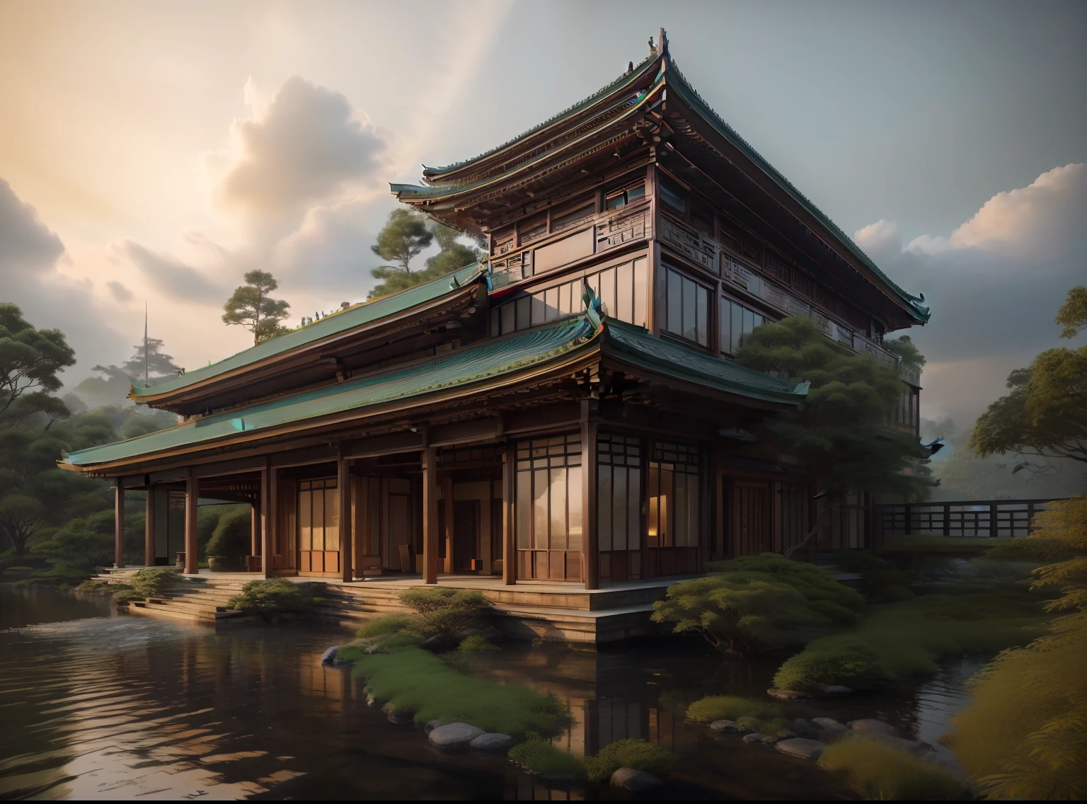 (masterpiece),(high quality), best quality, real,(realistic), super detailed, (full detail),(4k),8k,architecture, building, bush, city, east_asian_architecture, forest, grass,  nature, no_humans, outdoors, pagoda, plant, river, scenery,  tree, water