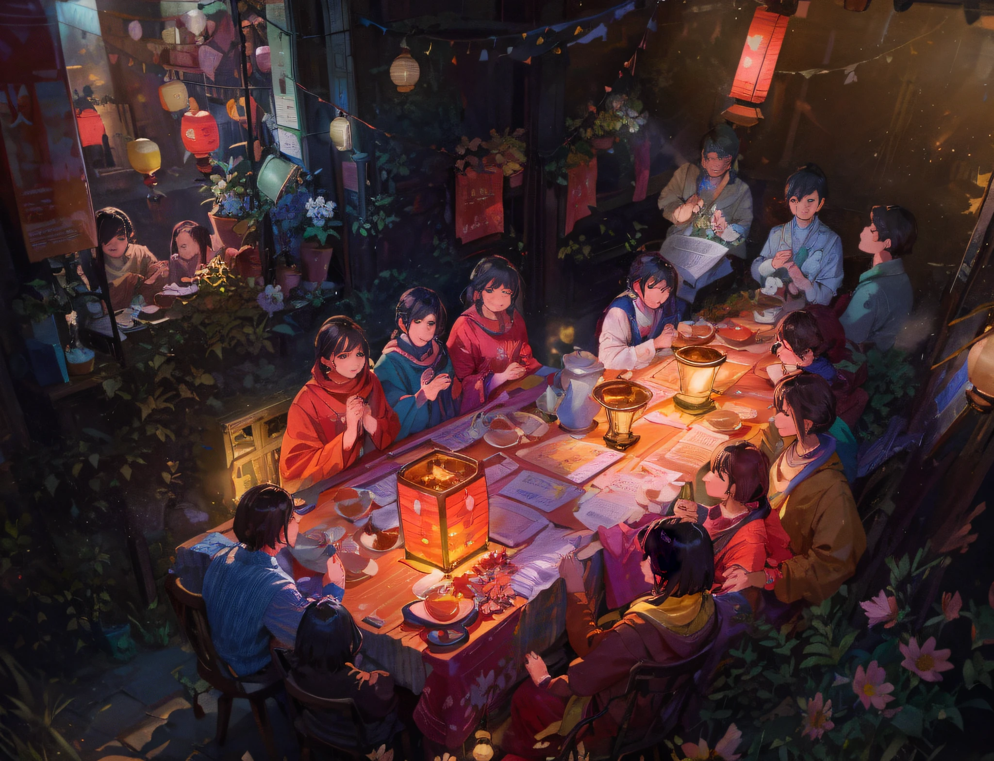 Les gens étaient assis autour d&#39;une table，Il y a des bougies et des fleurs sur la table, Bénis le sol la nuit, photo prise la nuit, lueur du matin, magnifiquement éclairé, Illuminé, Célébrer, lueur chaude, prière, Alors que la nuit tombait, réglé la nuit,  photographie prise en 2 0 2 0, boire du thé et des lanternes en papier, La foule a prié, lueur légère, Les trois personnes dans le coin supérieur droit se vantent