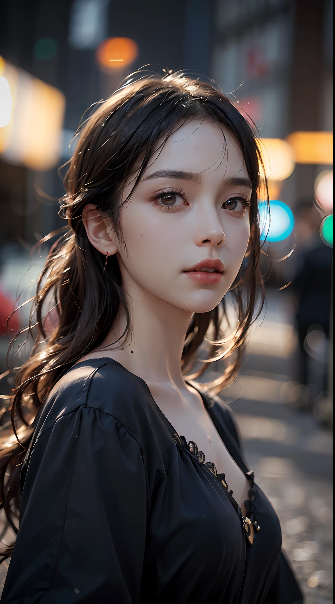 (8k, RAW photo, Best quality, Master:1.4), Ultra-high resolution, (Realistic, photo-realistic:1.48),omertosa,1girll,(Kpop idol), (aegyo sal:1), (Super bokeh night in the heart of the city：1.25）、Background bokeh、the night、traffic light、road signs、Sateen、after rainny、soggy、profesional lighting、Detailed lighting、Photon maps、Radio City、physically-based renderingt、Contre-Jour、depth of fields、natural  lightting, hardfocus, filmgrain, shot from a far distance, a professional shot of, Shot with Sony a9 II mirrorless camera, Detailed eyes, photorealistic eye, detailed shadow, Look sideways, full bodyesbian，Detailed lighting, a skirt, Black dress, long leges,（Delicate hair，photo-realistic hair，Realistic Lights，realistic shaded，realistic dress），Realistic skin，Realistic light reflections from above，（（Arm on the back）），（Hands behind your back） ,headband