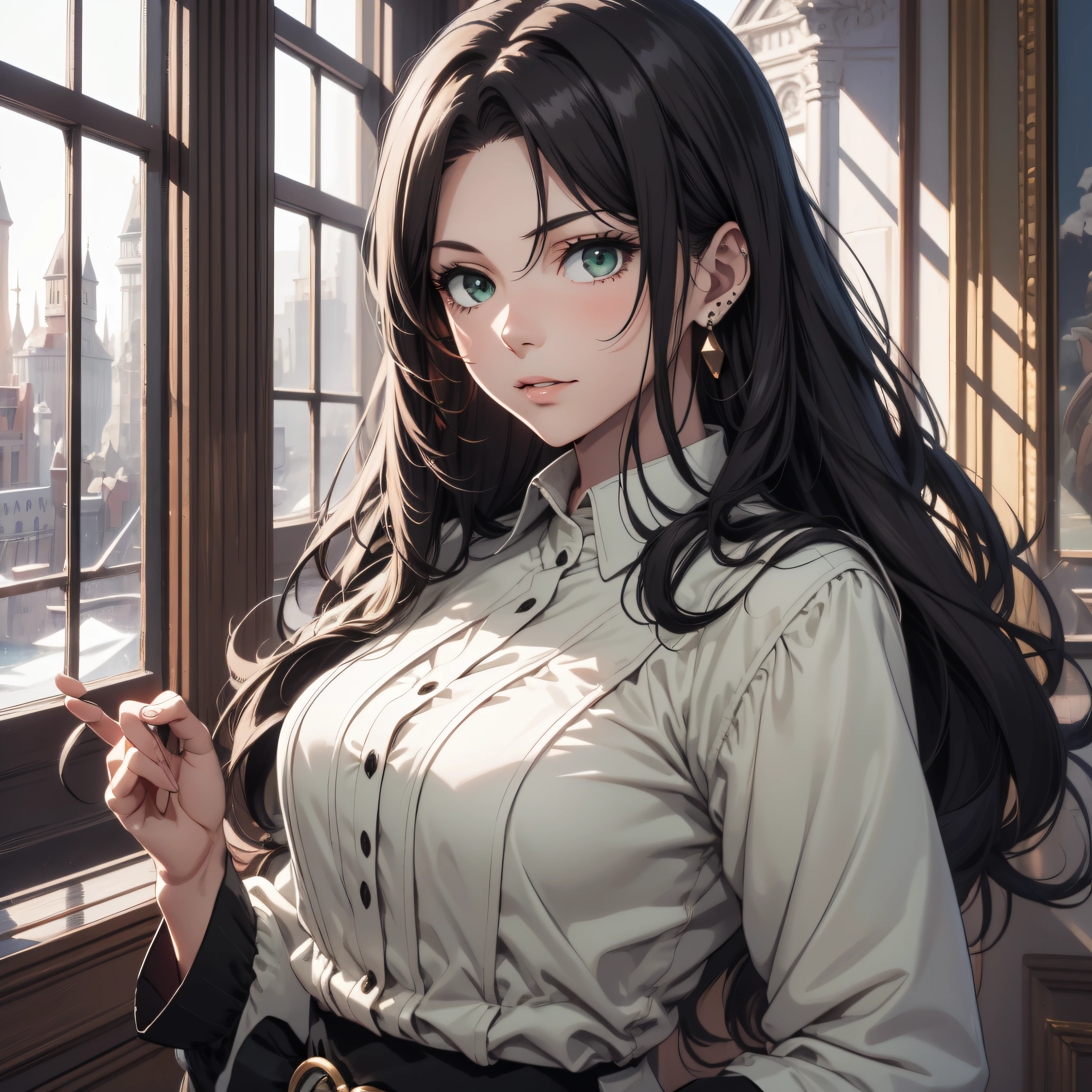 (best quality, masterpiece, ultra-detailed, extremely detailed, highres), (1girl, single, solo), 1 Anime girl, long raven hair, slightly wavy hair, parted bangs, (skin texture:0.5), Magus, green eyes, earring, long black coat, white shirt, black skirt, aristocrat, noble attire, beautiful, ethereal, elegant, prestigious, classic, royal building, royal atmosphere