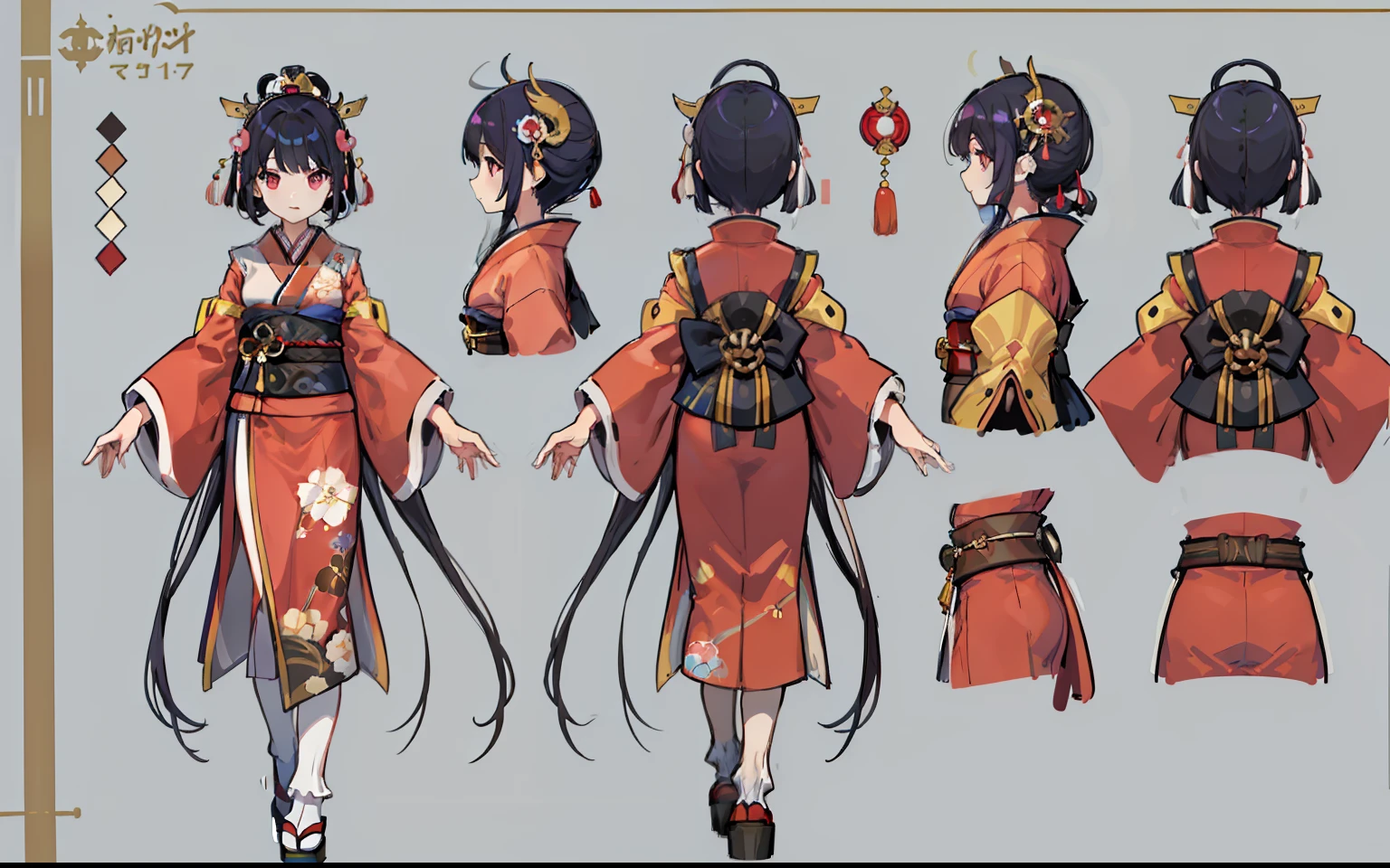 1 Person, Referenzblatt, (Fantasy-Charakterdesign, Vorderseite, zurück, Seite) Mädchen, Kimono, japanische Göttin, enmusubi