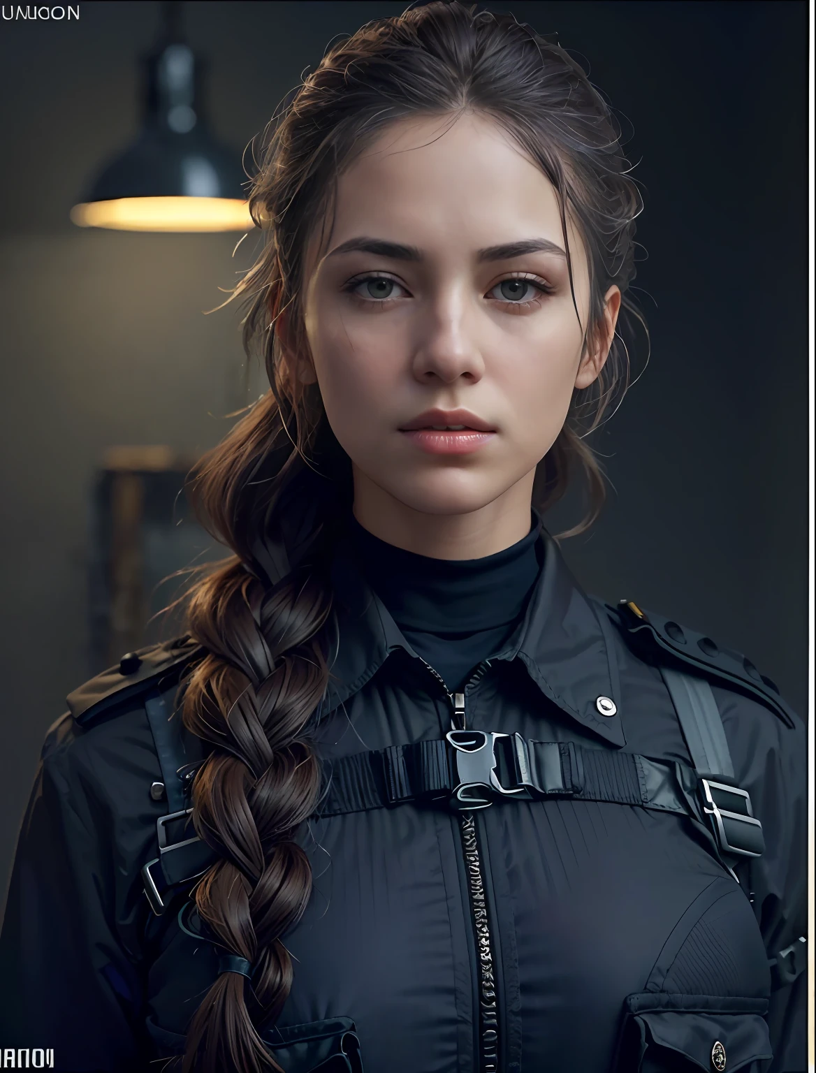 (8k, RAW photos, top quality, masterpiece: 1.2), (realistic, photorealistic: 1.37), (close up:1.5), (1 super beautiful girl), (slender and perfect figure), disheveled braid hair, professional lighting, photon mapping, (ultra detailed skin), (wearing dark blue nylon suit likes police uniform, military harness, yellow sunvisor), (normal breasts), ((bring machinegun)), serious, fires, smokes, destroyed buildings,