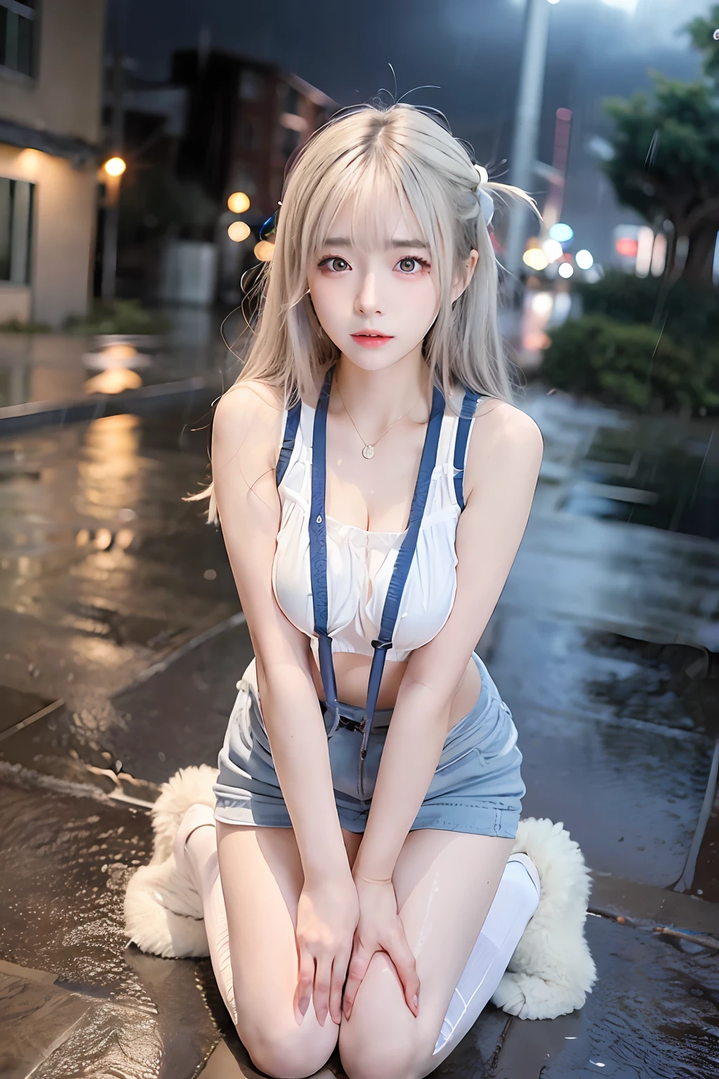 1 girl, anime style, kneeling, hivering, feeling cold, shivering, transparent suspender stockings, leg straps, short skirt, (long white hair), blue eyes, rain-soaked top, rainy day, heartache expression