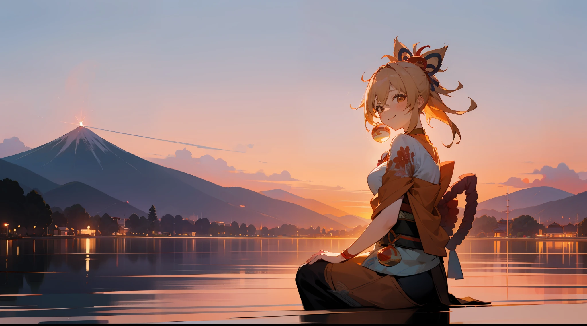 Yoimiya, sorridente, adulto, amadureceu, ilustração, 1 garota, fogos de artifício, montanha, cenário, pôr do sol, crepúsculo, lindo, Céu dourado, sentado em uma enseada, acenando, arvore Sakura, a view of a japanese town at pôr do sol