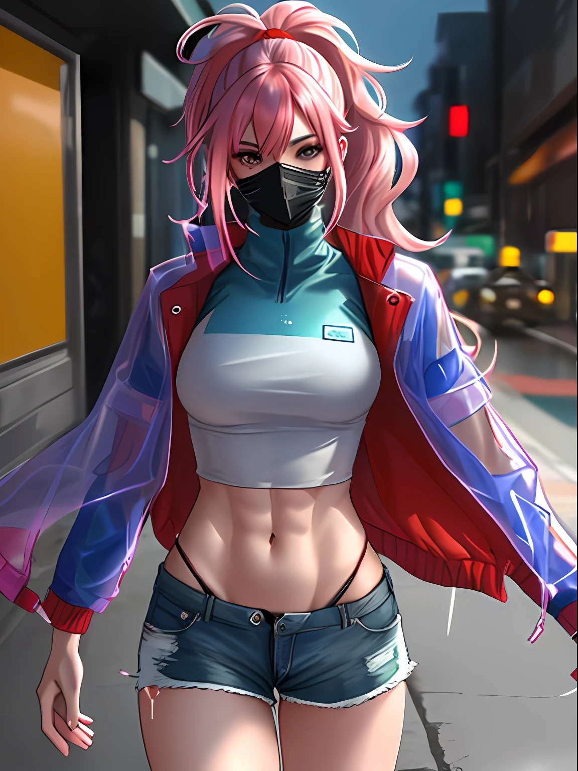 a young woman, street, ponytails, messy hair, wearing a vivid jacket, tshirt crop top, (loose shorts), (wearing fashionable detailed translucent (plastic [medical|scifi] mask covering mouth)), (walking towards camera), (hdr:1.3), (muted colors:1.2), dramatic, complex background, cinematic, filmic, (artstation:0.8), soaking wet, detailed toned ripped body, professional supermodel photoshoot, shallow depth of field, sharp focus, bokeh
