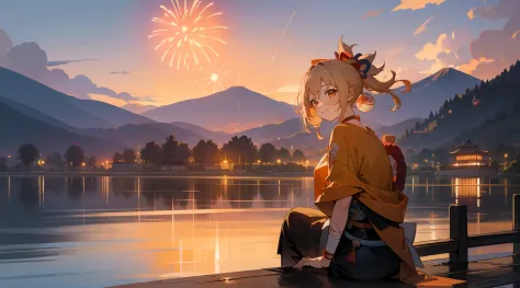 Yoimiya, smiling, adult, matured, illustration, 1girl, fireworks, mountain, scenery, sunset, dusk, beautiful, golden sky, sittin...