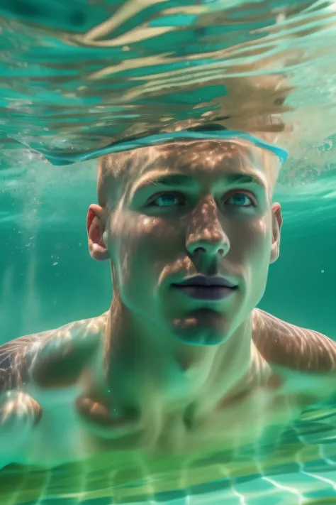 A fit handsome naked and muscular man, with short blonde hair, swimming powerfully underwater in a stunning pool, seen from belo...