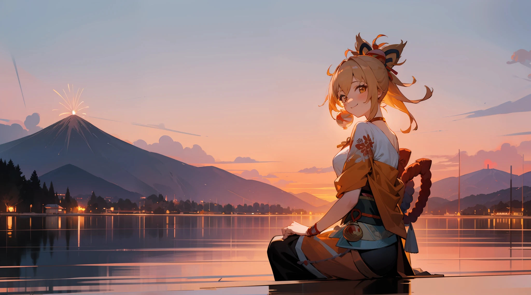 Yoimiya, smiling, adult, matured, illustration, 1girl, fireworks, mountain, scenery, sunset, dusk, beautiful, golden sky, sitting on a cove, waving, sakura tree, a view of a japanese town at sunset