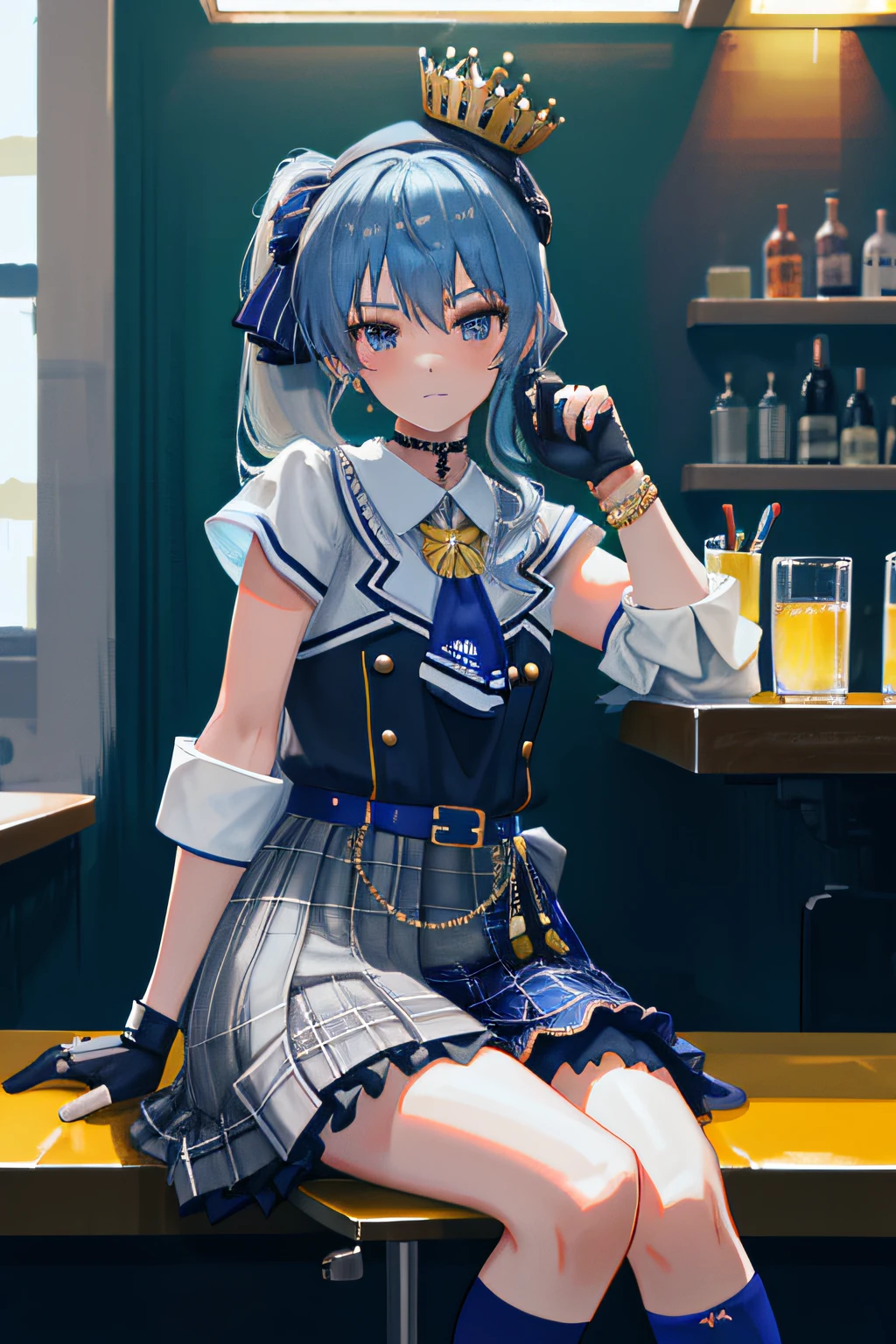 （tmasterpiece，k hd，hyper HD，4K side ponytail， hoshimachi suisei， Fingerless gloves， Single thigh height， jewely， single sock， thigh band， bangle， Blue socks， Button， One knee high， Plaid dress， Blue choker， blue sash， Plaid skirts， Mini crown， Gray skirt， blue ascot， longer sleeves,Ben Girl，lifting up skirt，Glossy thighs，sitting at bar，From the angle below，Elevation viewing angle，Sit on a bar chair，Bar background，full bodyesbian，Shyly blushing， best qualtiy， hyper HD， （realisticlying：1.4），， A high resolution， the detail， RAW photogr， Sharp Re， Nikon D850 Film Stock Photo by Jefferies Lee 4 Kodak Portra 400 Camera F1.6 shots, Rich colors, ultra-realistic vivid textures, Dramatic lighting, Unreal Engine Art Station Trend, cinestir 800，