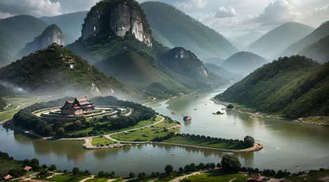 guangxi river pond, mountain high and deep water, karst landform, terraces, peasant farming, wooden mud houses, boating