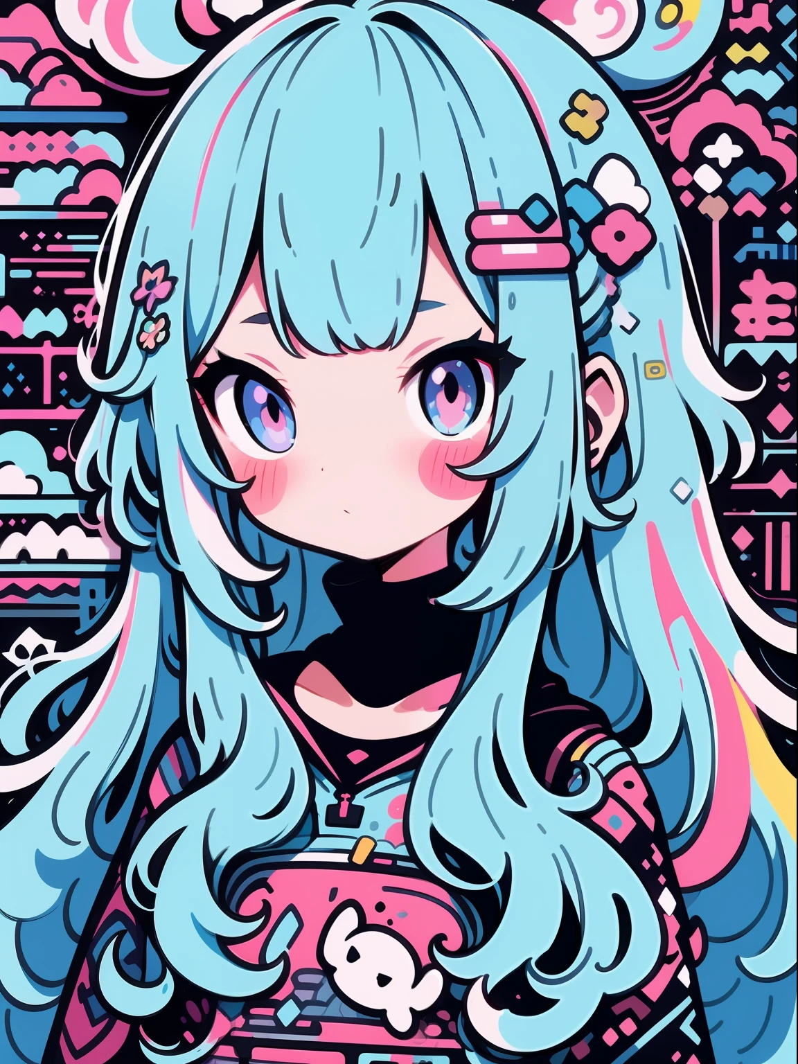 hightquality、Colorful color palette、high-level image quality、Kawaii Girl、Unprecedented amount of drawing、anime styled、Geometric pattern background、front facing、sticker style、Long hair、light blue hair、purple eyes