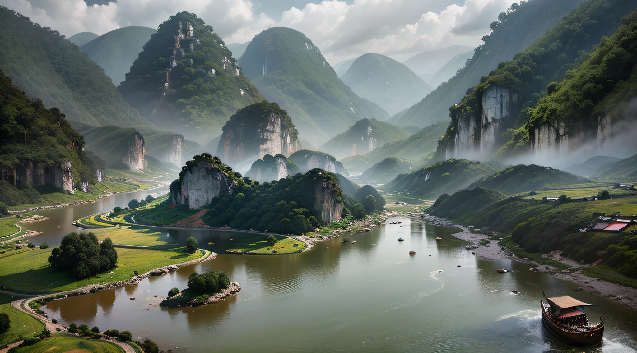 Guangxi river pond, mountain high and deep water, karst landform, terraces, peasant farming, wooden mud houses, boating