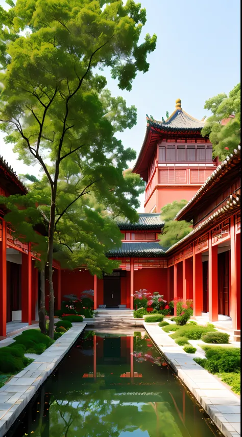 chinese courtyard，extremely detailed picture quality，steeped in tradition，red walls and green tiles，winding paths，stone bridges ...