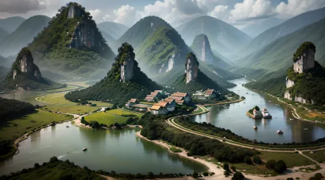 guangxi river pond, mountain high and deep water, karst landform, terraces, peasant farming, wooden mud houses, boating