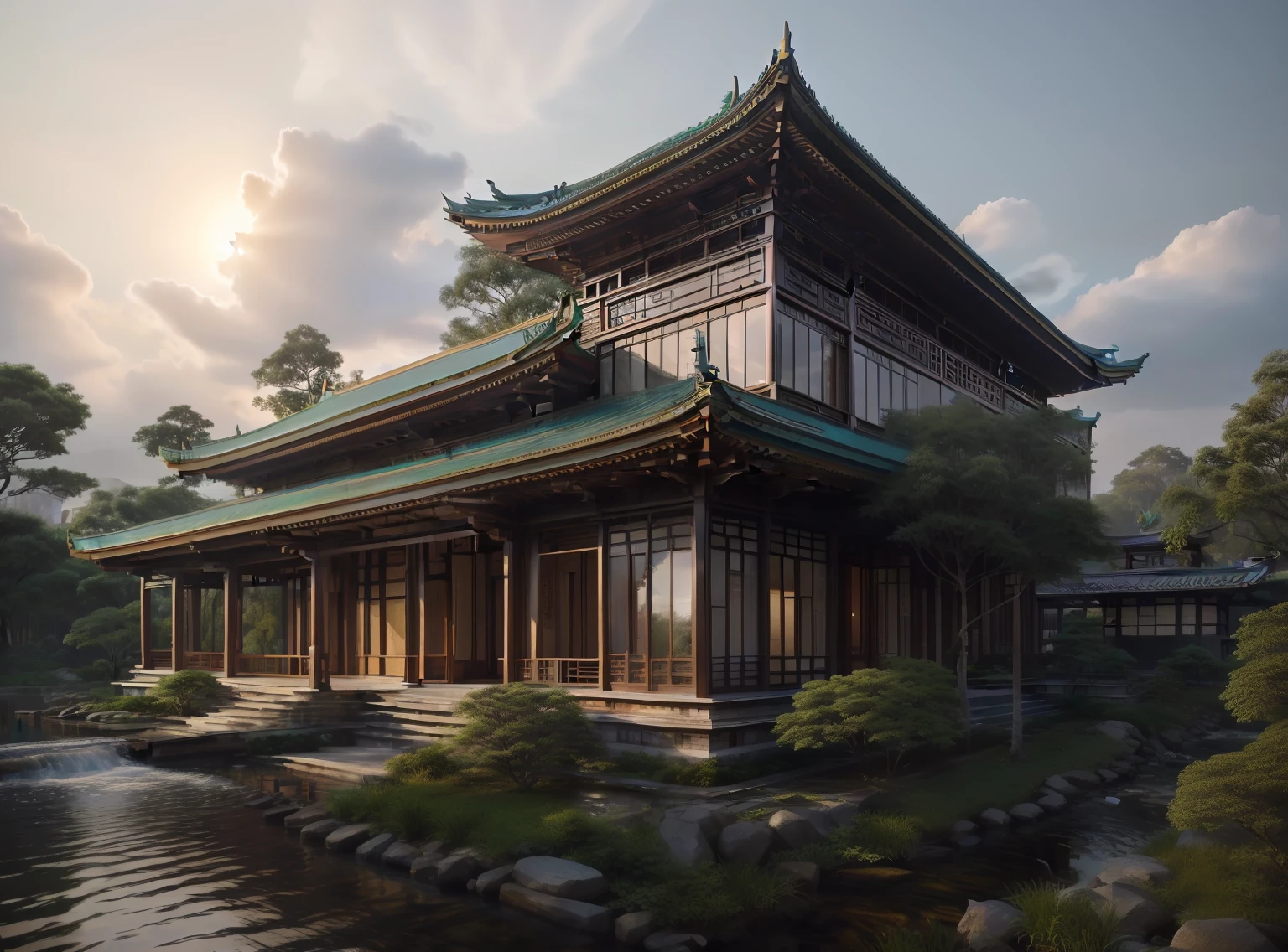 Glass window, , (masterpiece),(high quality), best quality, real,(realistic), super detailed, (full detail),(4k),8k,architecture, building, bush, city, east_asian_architecture, forest, grass,  nature, no_humans, outdoors, pagoda, plant, river, scenery,  tree, water