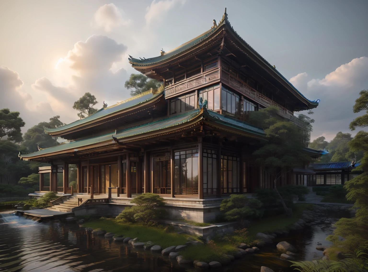 Glass window, , (masterpiece),(high quality), best quality, real,(realistic), super detailed, (full detail),(4k),8k,architecture, building, bush, city, east_asian_architecture, forest, grass,  nature, no_humans, outdoors, pagoda, plant, river, scenery,  tree, water