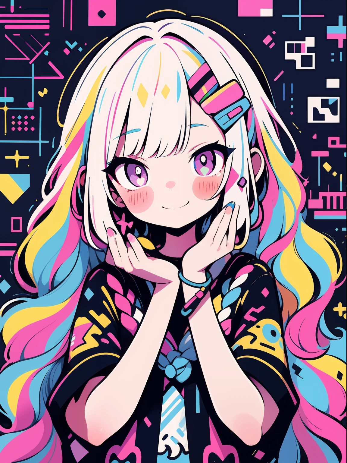 hightquality、Colorful color palette、high-level image quality、Kawaii Girl、Unprecedented amount of drawing、anime styled、Geometric pattern background、sticker style、Long hair、light pink hair、purple eyes, drill hair, front facing, hands up