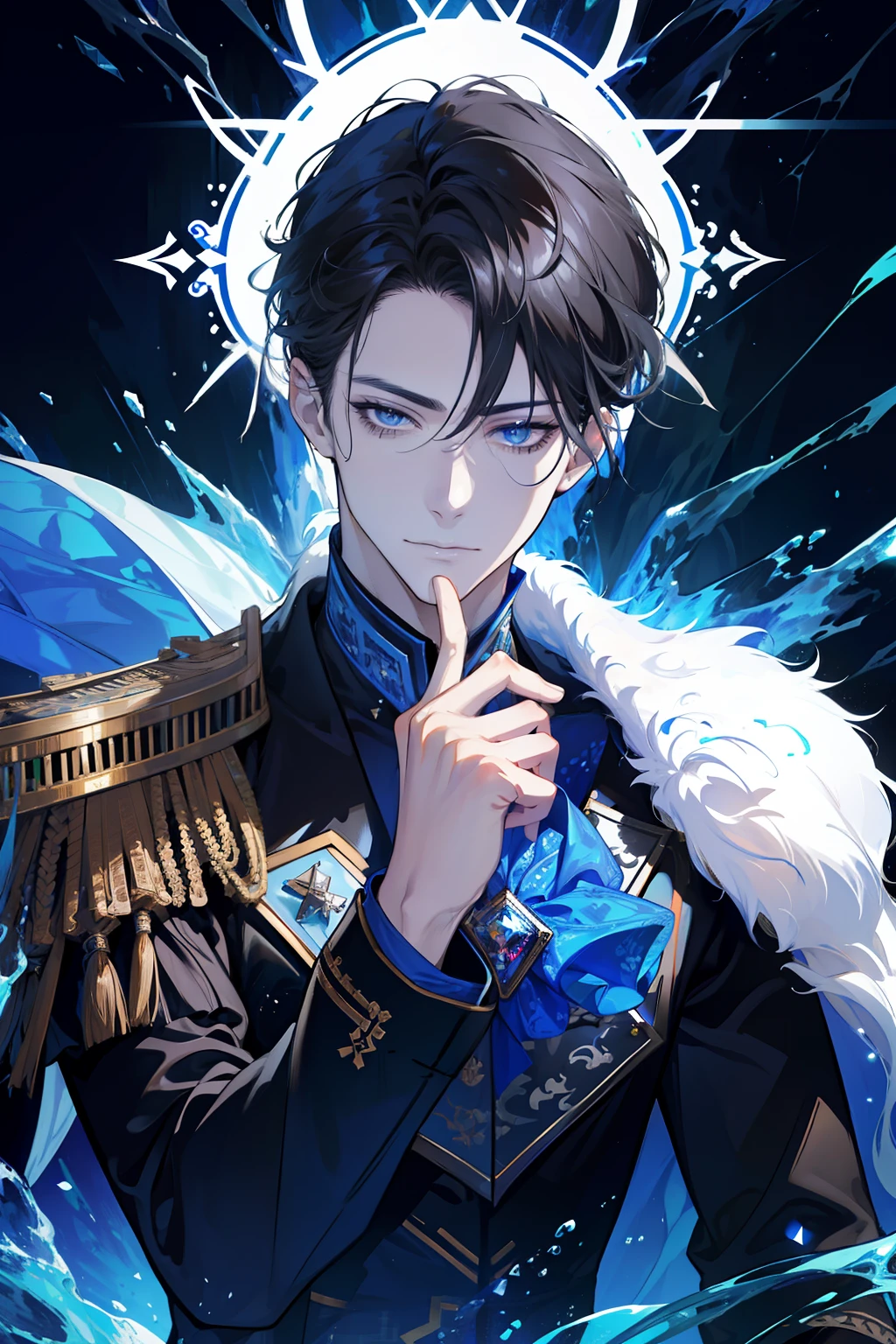 (absurdres, highres, ultra detailed), 1 male, adult, handsome, tall muscular guy, broad shoulders, finely detailed eyes, dark color hair, fantasy, complex pattern, detailed face, throne, magic effect, best ratio four finger and one thumb, ice, bitter cold, cold snap, smile, (dutch angle), closed mouth