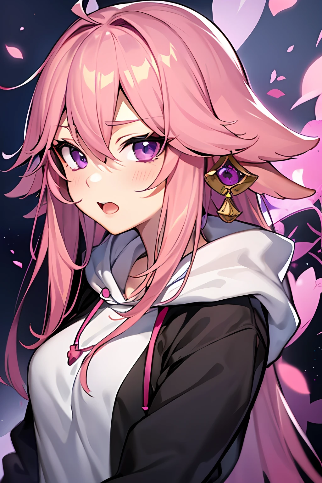 Yae miko  pink hair and purple eyes in a black hoodie, anime visual of a cute girl, screenshot from the anime film, & her expression is solemn, ahegao face, in the anime film, in an anime, anime visual of a young woman, she has a cute expressive face, still from anime