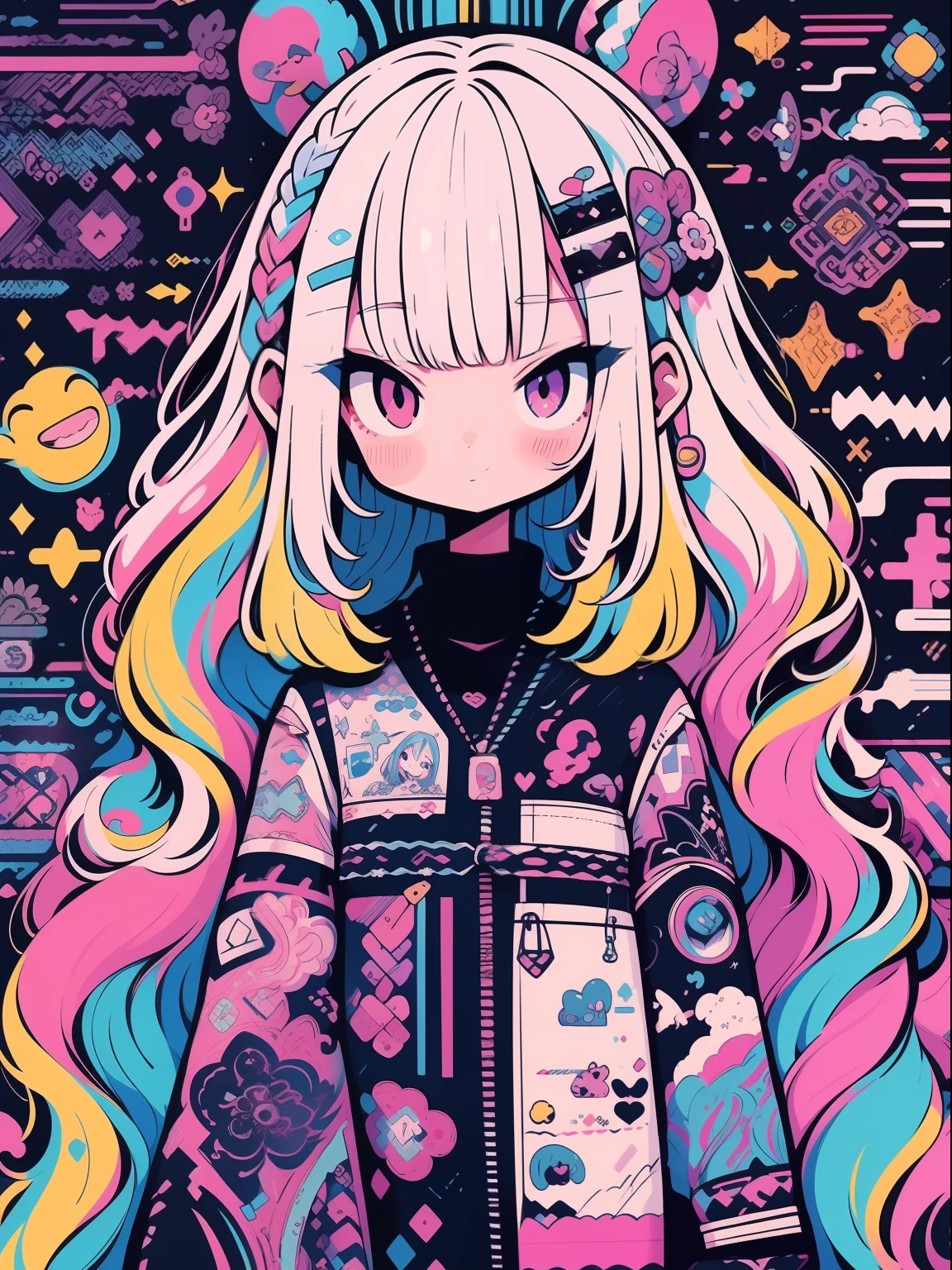 hightquality、Colorful color palette、high-level image quality、Kawaii Girl、Unprecedented amount of drawing、anime styled、Geometric pattern background、sticker style、Long hair、light pink hair、purple eyes, drill hair, front facing, posing, hands posing, lace