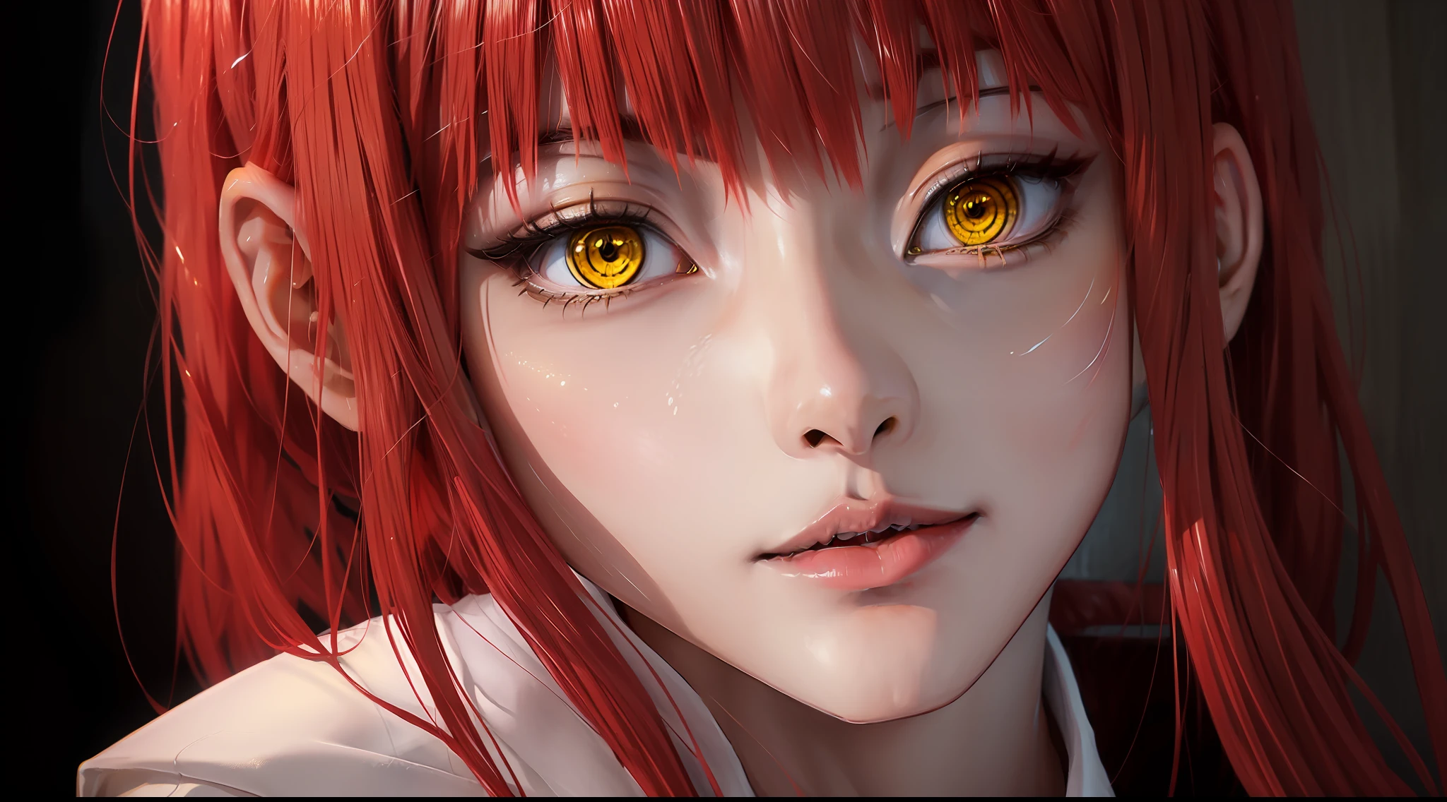 beautiful gorgeous Makima woman staring at the viewer, yellow eyes, sharp, red hair, white shirt, black tie, volumetric lightning, superdetailed, oily skin, different poses