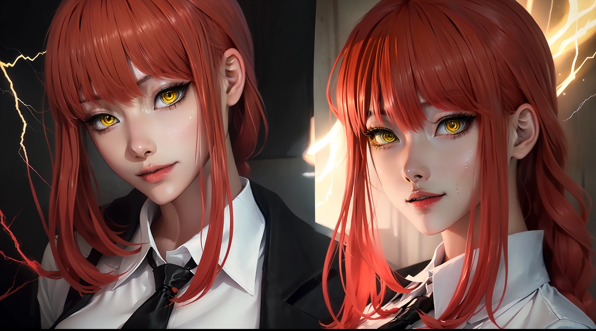 beautiful gorgeous Makima woman staring at the viewer, yellow eyes, sharp, red hair, white shirt, black tie, volumetric lightning, superdetailed, oily skin, different poses
