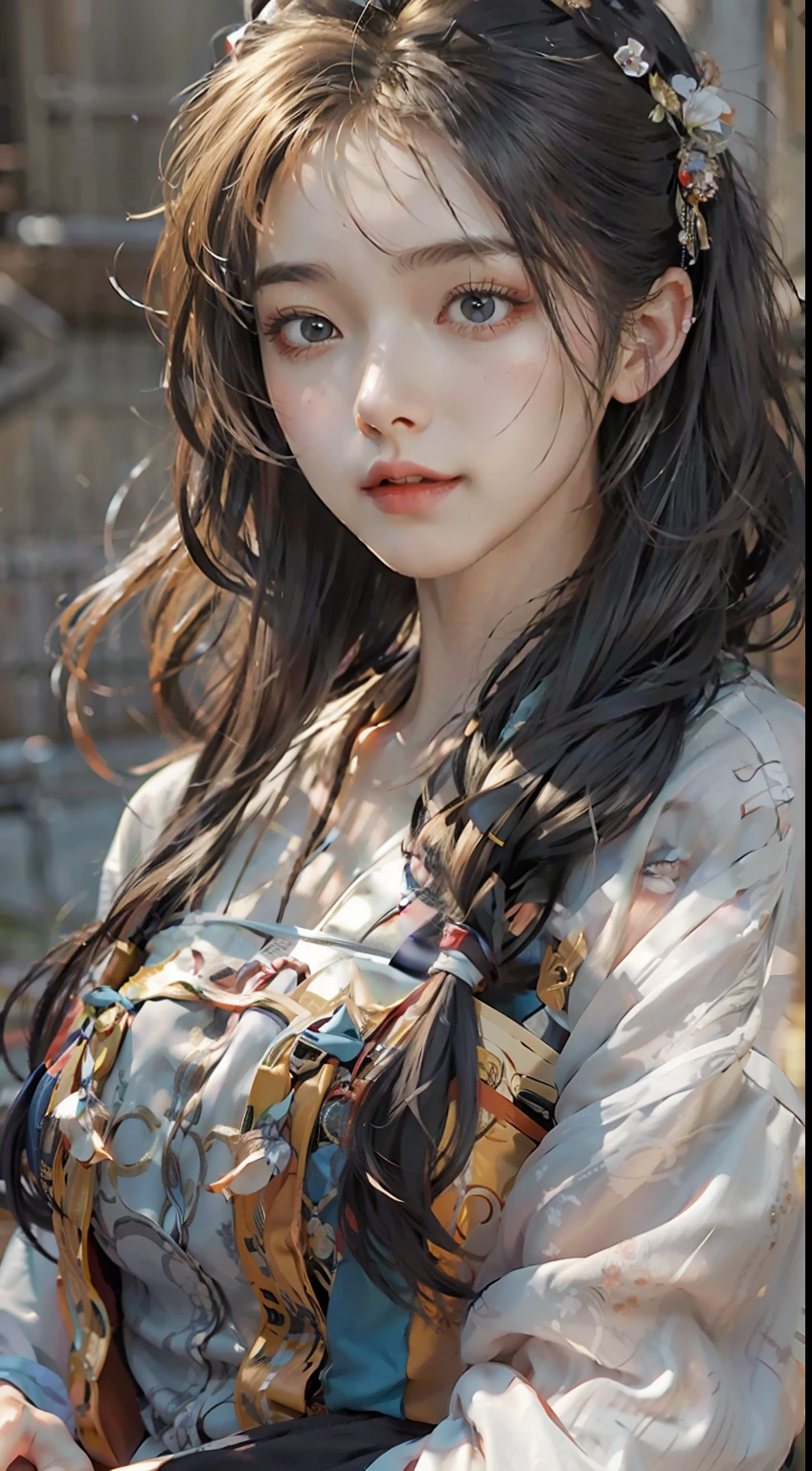 ulzang-6500-v1.1,(RAW photo:1.2), (Photorealistic:1.4), Beautiful Meticulous Girl, very detailed eyes and faces, Beautiful detailed eyes,  hugefilesize, ultra - detailed, A high resolution, The is very detailed，（（gigantic cleavage breasts，Yang beyond，））， （chiseled abs：1.1），（perfect bodies：1.1），（long whitr hair：1.2），（Silvery hair），Lace collar，full body shot shot，（（wearing a hanfu，lace robe，Golden flame）），（（Cardigan Hanfu）），（Very detailed CG 8k wallpaper），（Extremely refined and beautiful），（tmasterpiece），（best qualtiy：1.0），（超A high resolution：1.0），beautiful illumination，perfect lightning bolt，realistic shaded，[A high resolution]，Detailed skins， Hyper-detailing（（（enchanted））），high realistic