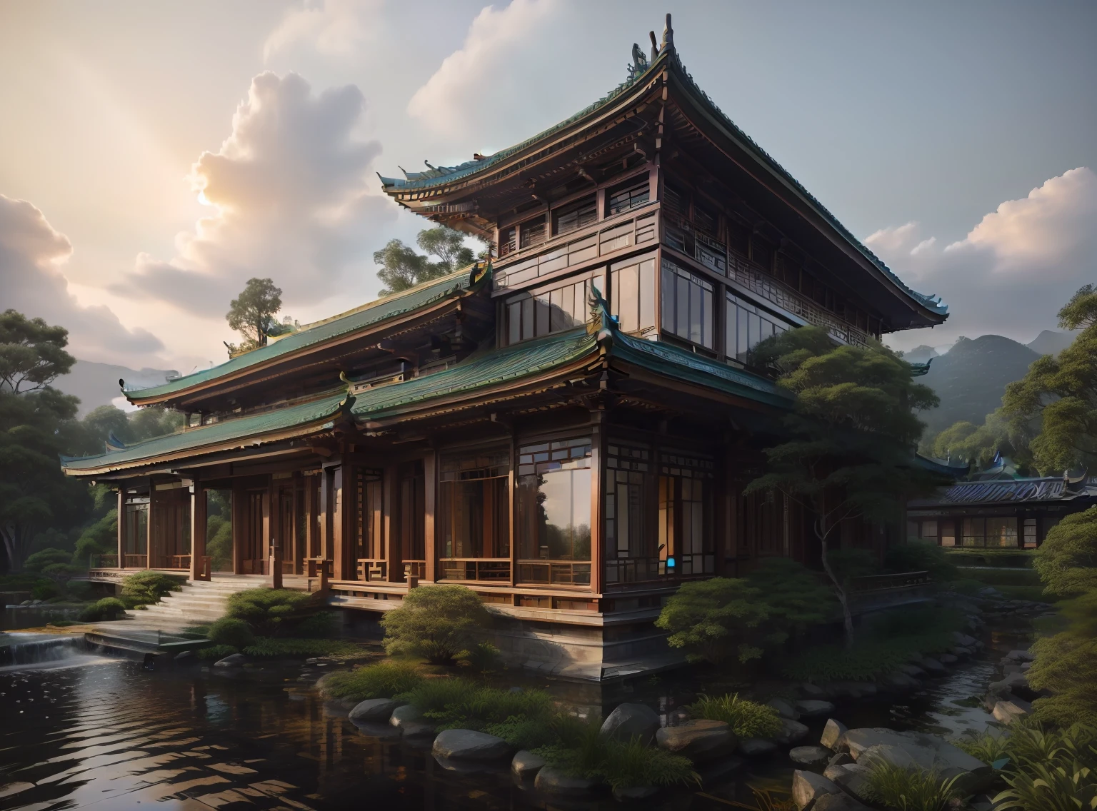 Glass window, , (masterpiece),(high quality), best quality, real,(realistic), super detailed, (full detail),(4k),8k,architecture, building, bush, city, east_asian_architecture, forest, grass,  nature, no_humans, outdoors, pagoda, plant, river, scenery,  tree, water, tile roof