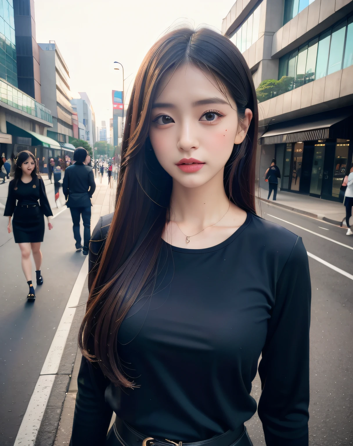 (8k、RAW Photos、top-quality、​masterpiece:1.2)、(realisitic、Photorealsitic:1.37)、1girl、japanes、32years old、tokyo streets、profetional lighting、Photon Mapping、Radio City、huge tit、gals、Lots of lashes、Lame on the eyelids、Pitch black lip、Pitch black heels、A slender、Crotch open、Big、