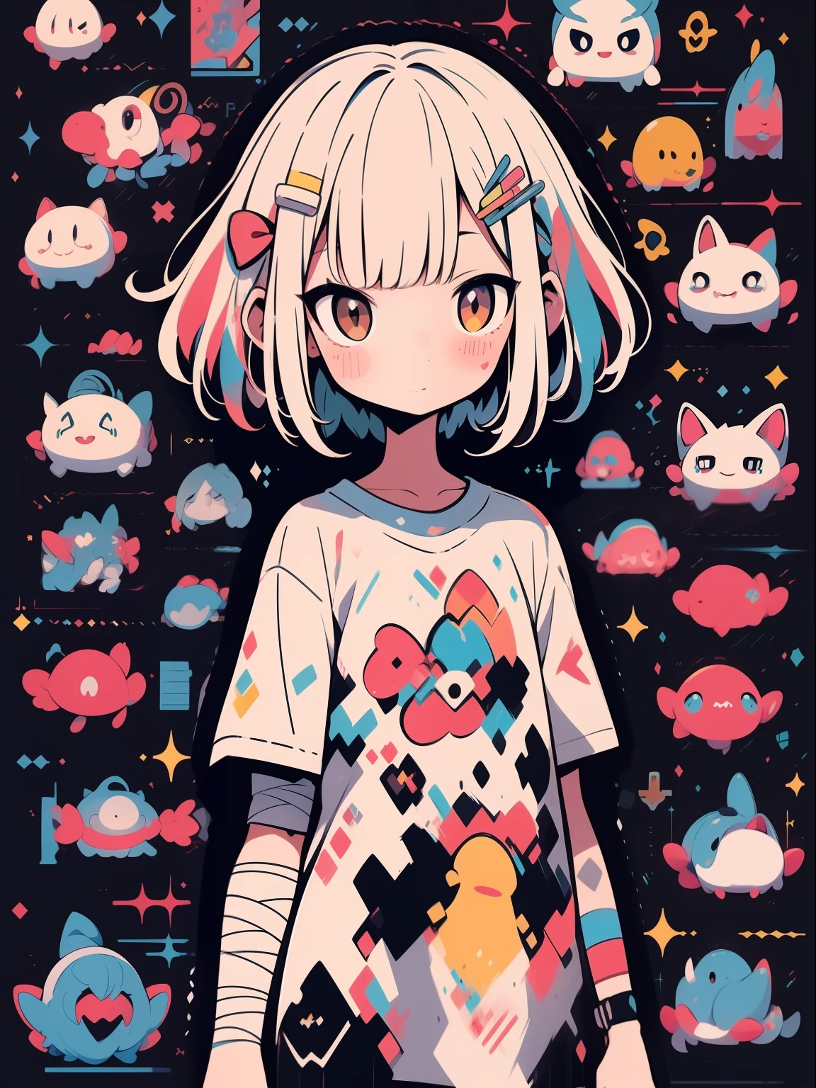 hightquality、Colorful color palette、high-level image quality、Kawaii Girl、Unprecedented amount of drawing、anime styled、Geometric pattern background、sticker style、short hair、dark hair、brown eyes, messy hair, front facing, hands posing, menhera, bandages, loose clothing, baggy t-shirt, self harm, guro, dark, depressed, eye bags, heavy eyes, dark eyes