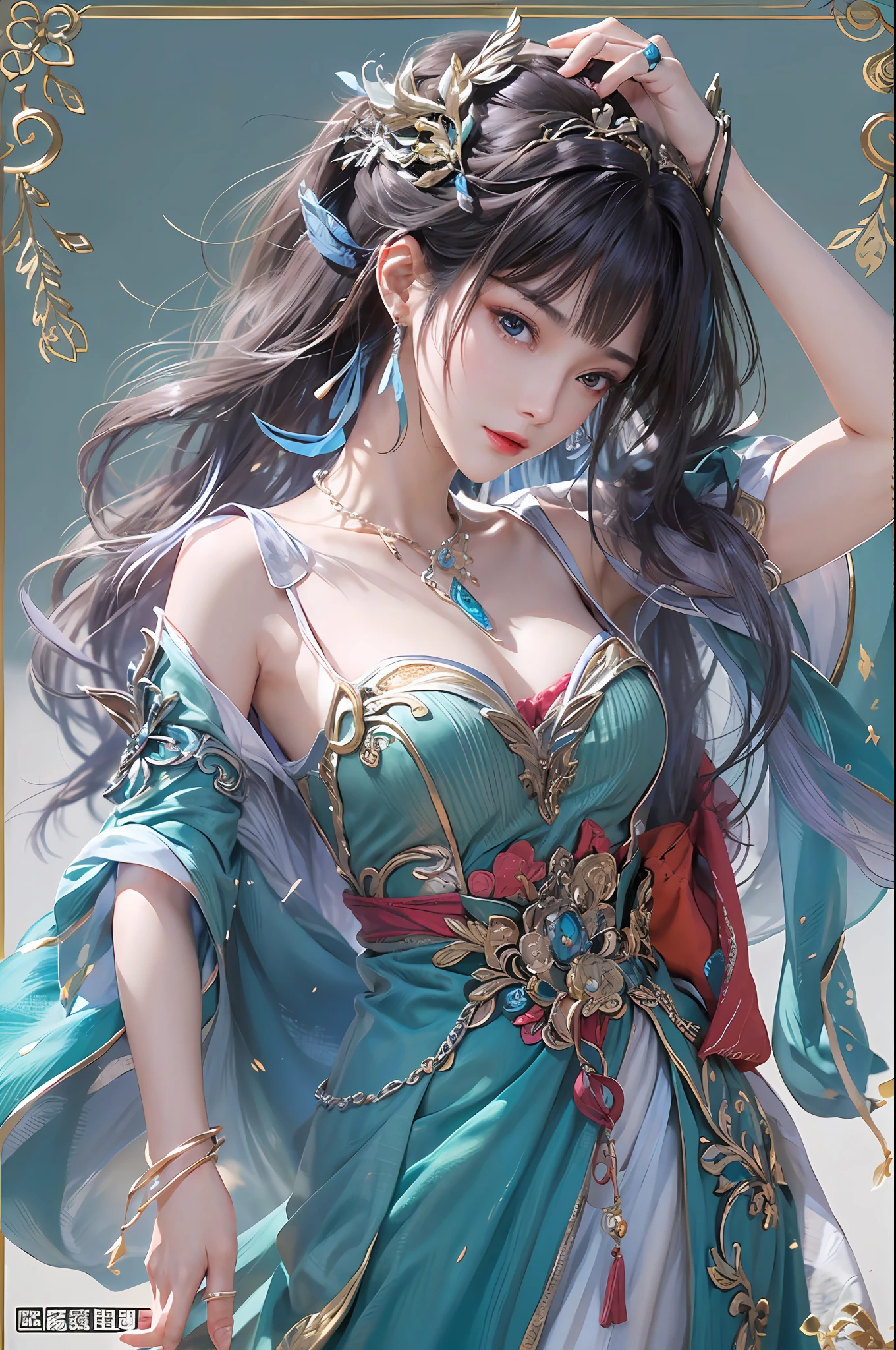 top-quality、​masterpiece、Hi-Res、((yunyun)))、a necklace、hair adornments、(beautiful countenance)、Look at viewers、is standing、((A half body))、Blue Open Dress、Extend your left arm、Drooping right arm