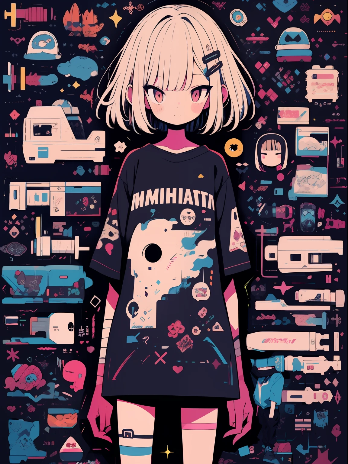 hightquality、neon color palette、high-level image quality、Kawaii Girl、Unprecedented amount of drawing、anime styled、Geometric pattern background、sticker style、short hair、dark hair、brown eyes, messy hair, menhera, bandages, loose clothing, baggy t-shirt, self harm, guro, dark, depressed, eye bags, heavy eyes, dark eyes