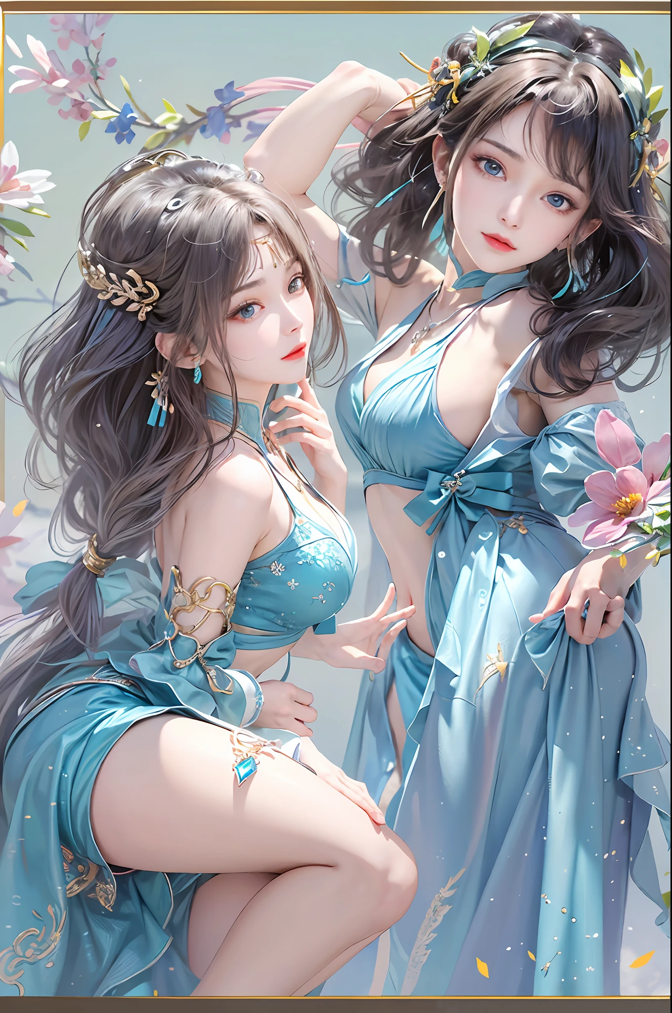 top-quality、​masterpiece、Hi-Res、((yunyun)))、a necklace、hair adornments、(beautiful countenance)、Look at viewers、is standing、((A half body))、Blue Open Dress、Extend your left arm、Drooping right arm