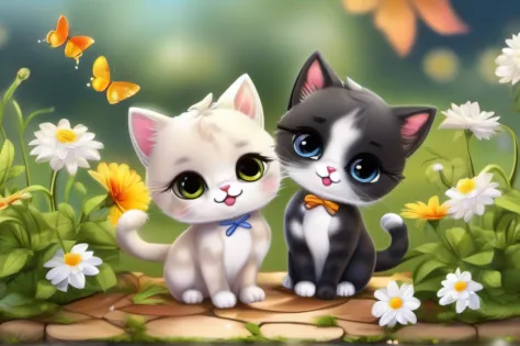 Cute chibi cats playing in the garden, Flowers and butterflies, (Highest Quality, Masterpiece),