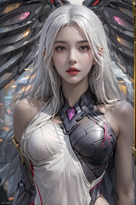 photorealistic, high resolution, 1women, solo, hips up, look at viewer, (detailed face), white hair, kai'sa, void wings