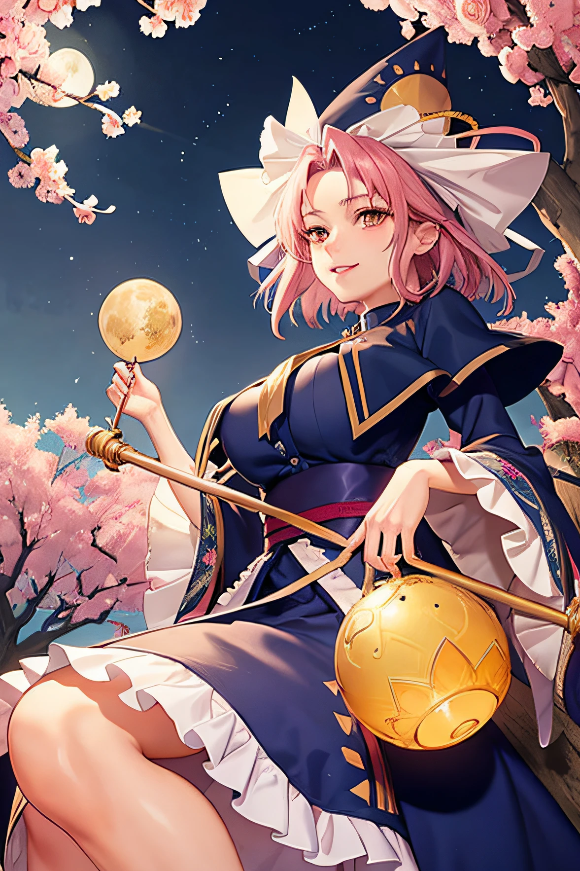 (Masterpiece, Top quality, Best quality, offcial art, Beautiful and aesthetic:1.2), extreme detailed details, Colorful,highest details,Illustrations, fantastical scenes,
1girll, Solo, Saigyouji Yuyuko, Butterfly, bugs, Moon, Hat, full moon, Pink hair, triangular headpiece, Night, Pink eyes, Short hair, tree, Japanese clothes, sash, sky, Wide sleeves, Smile, dress, ribbon, tabi, Obi, Long sleeves, Night sky, cherry blossom