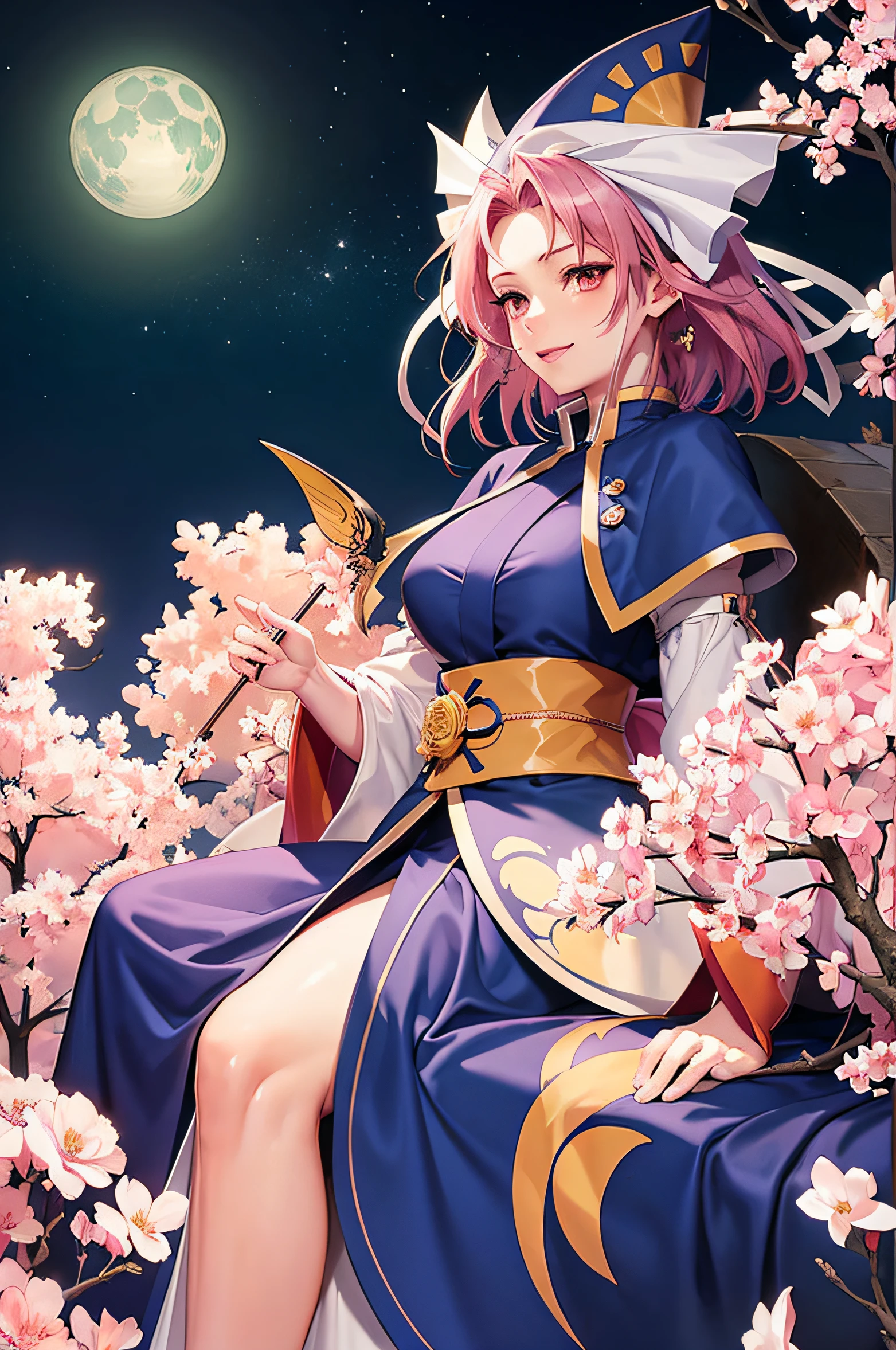 (Masterpiece, Top quality, Best quality, offcial art, Beautiful and aesthetic:1.2), extreme detailed details, Colorful,highest details,Illustrations, fantastical scenes,
1girll, Solo, Saigyouji Yuyuko, Butterfly, Bugs, Moon, Hat, full moon, Pink hair, triangular headpiece, Night, Pink eyes, Short hair, tree, Japanese clothes, sash, sky, Wide sleeves, Smile, dress, ribbon, tabi, Obi, Long sleeves, Night sky, cherry blossom