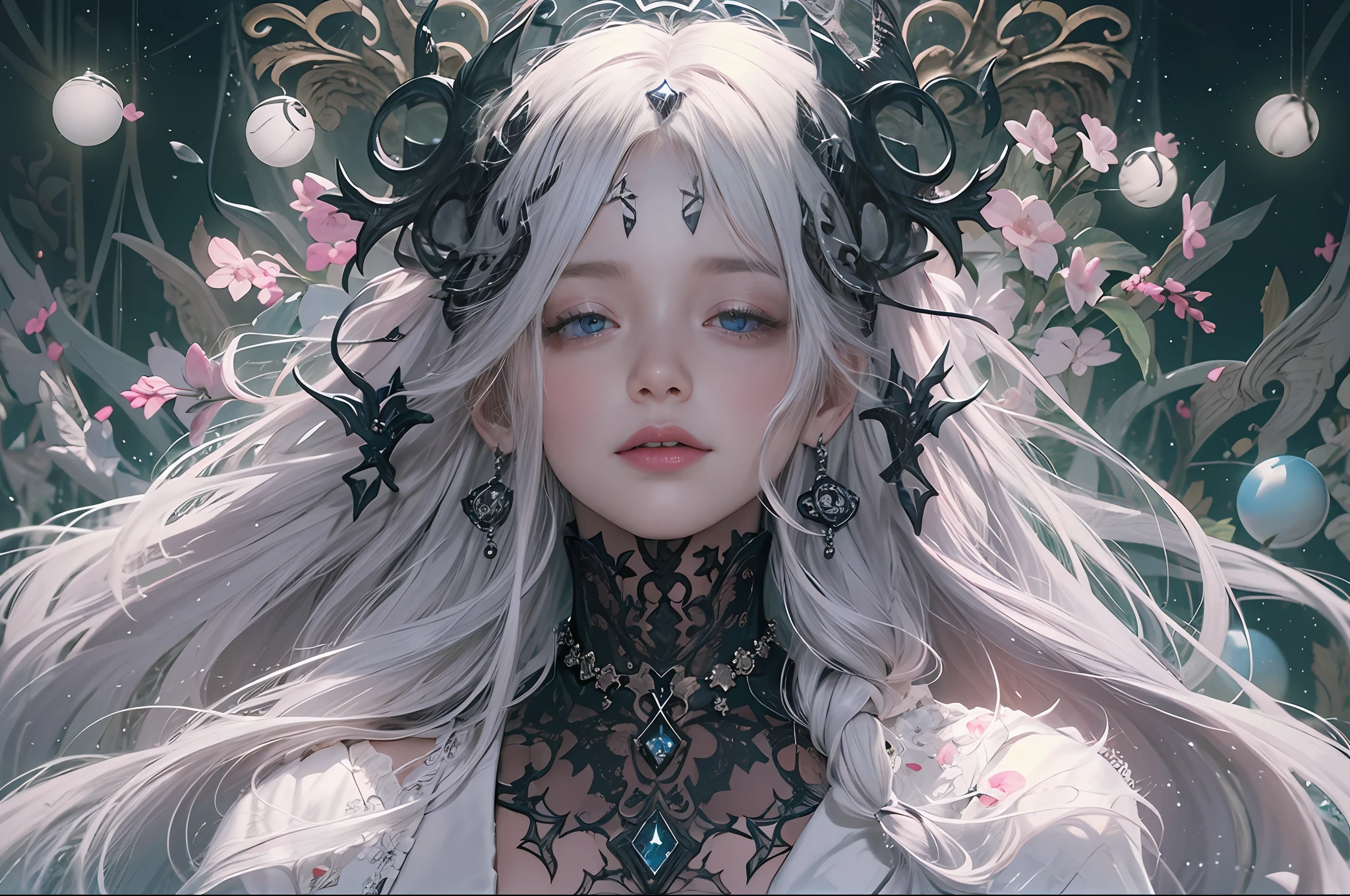 official art, unity 8k wallpaper, ultra detailed, beautiful and aesthetic, beautiful, masterpiece, best quality, Dark, atmospheric, mystery, romanticism, macabre, literature, art, fashion, Victorian, ornamental, intricate, ironwork, lace, brooding, emotional depth, supernatural, (ultra Detailed scene) , (masterpiece) , pretty girl , white thin robe , thick leg , shaped body , shaped face , Both_of_eyes_are_same , blue eyes , full body close up , putting hand like pray while standing , dark pink lips , shaped nose and ears , black straight hair , silver crown , wind blowing through the hair, thousand pink blossom twirling her like storm , ruined pray stone with rune and symble on it , has old rune as black tattoo on her neck to arm , mist under her feet , 100 mini light balls around her , (high detailed face), (ultra pretty face) , black eyebrow , long white robe , dark scene , dark fantasy art style , magic ,light ball