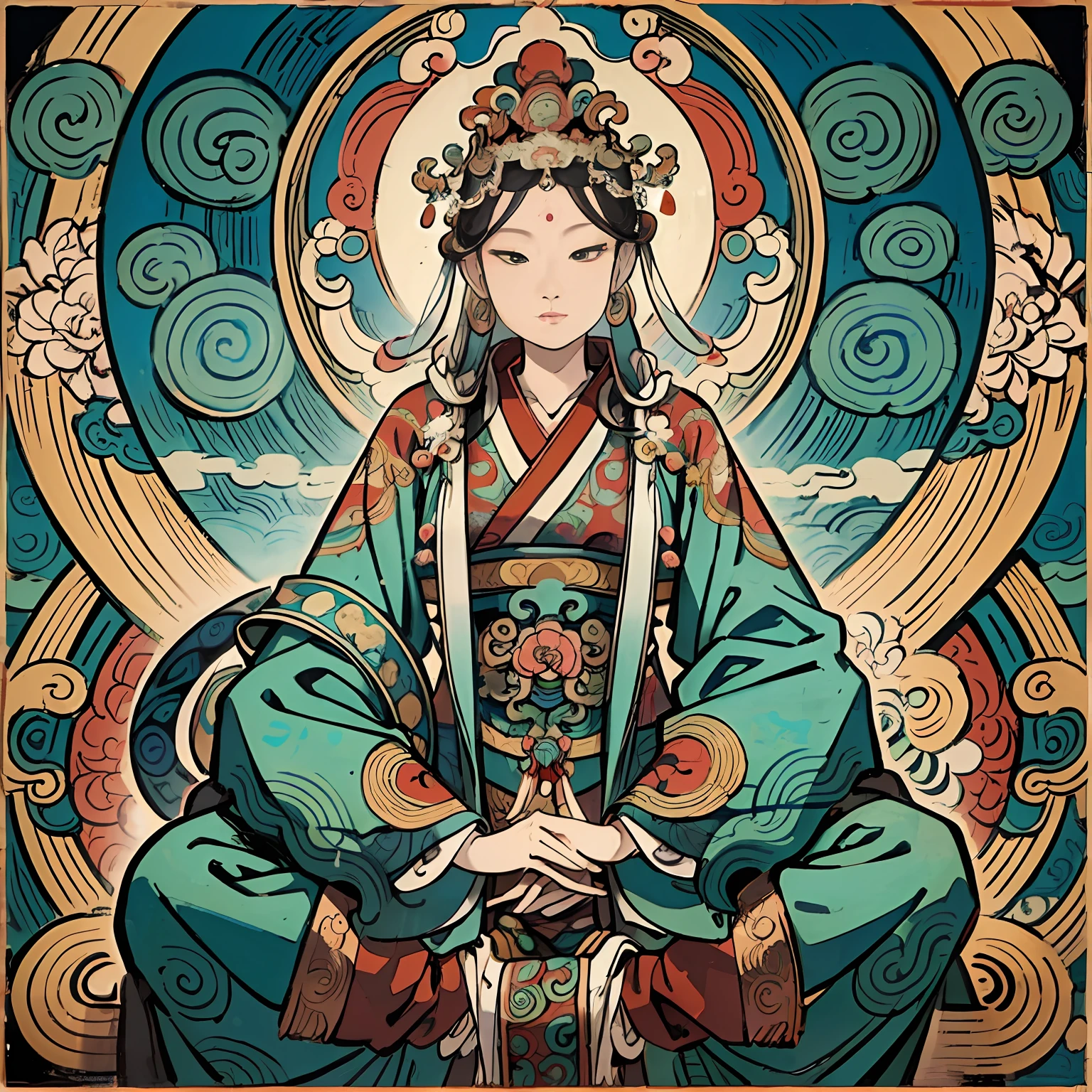 una antigua diosa china, guanyin de los mares del sur, Ganen, Inspirado en la India, Avalokiteshvara monta un dragón，,expresión serena,shui mo hua,Buda,Budista,loto,estilo de pintura china,estilo thangka