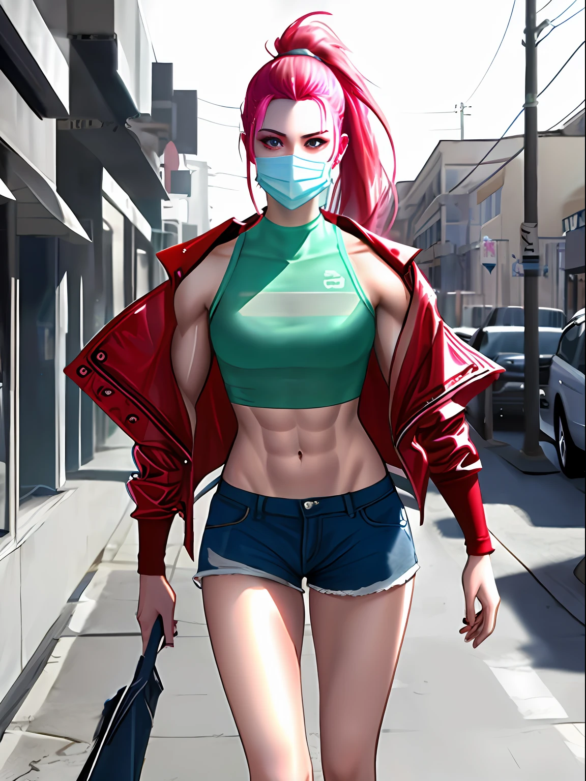 a young woman, street, ponytails, messy hair, wearing a vivid jacket, tshirt crop top, (loose shorts), (wearing fashionable detailed translucent (plastic [medical|scifi] mask covering mouth)), (walking towards camera), (hdr:1.3), (muted colors:1.2), dramatic, complex background, cinematic, filmic, (artstation:0.8), soaking wet, detailed toned ripped body, professional supermodel photoshoot, shallow depth of field, sharp focus, bokeh