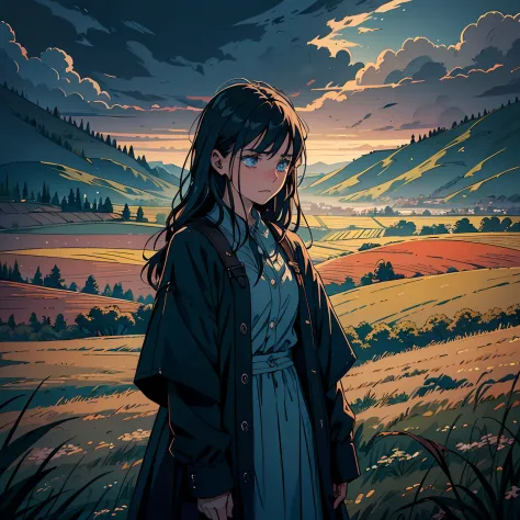 (moody aesthetic illustration),vagabond,(main_illustration:1.2)naive,(more_stories:1.1)telling a story, struggling,(1girl)blue eyes,old-fashioned clothes,(emotion:1.2)sadness,(emotion:1.2)pain, the scenery behind her includes a countryside with a path in t...