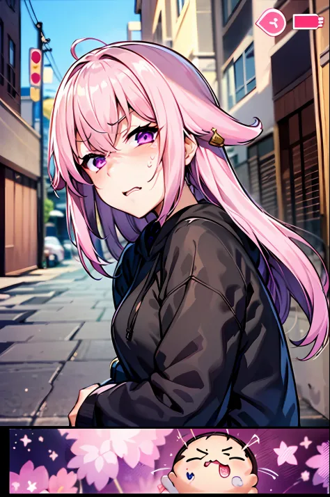 Yae miko  pink hair and purple eyes in a black hoodie, anime visual of a cute girl, screenshot from the anime film, & her expres...