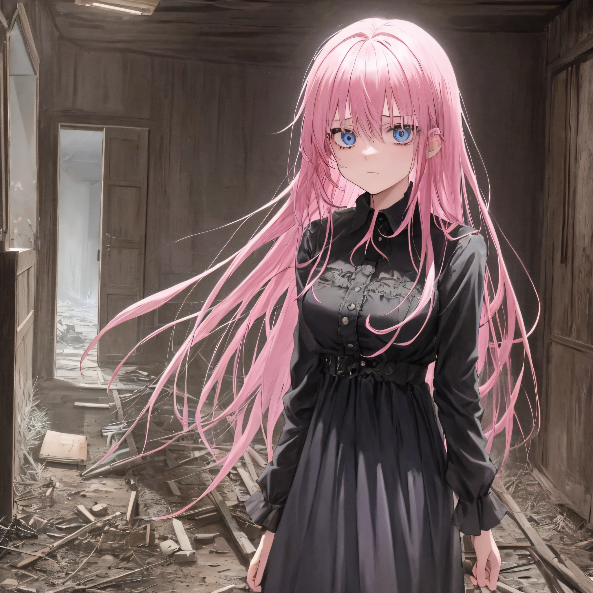 1girll, Pink hair, Blue eyes, (cowboy_Shot:1.2), Face focus, Long hair, side locks, Scared,(terrified:1.1) expression, Bloody knife in hand, The lights are dim, Moody, Darkness, In an abandoned manor, Behind the girl was a row of wooden fences, Dusty, Post-apocalypse, spiderwebs, masterful, Beautiful 8k wallpaper, Extremely detailed, iintricate