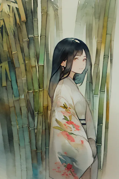 (aquarelle:1.2),1girl in, Ancient China、独奏, florals,  portraitures, fronds, bangss,bamboo、 Black hair, length hair, verd s eyes,...