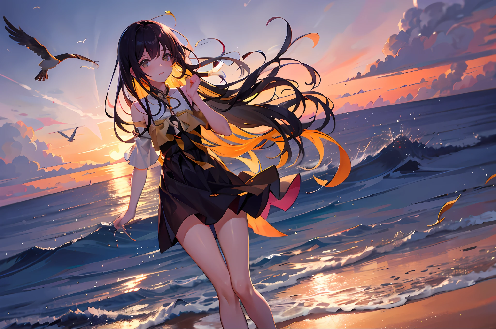 Absolutely mesmerizing sunset，The sky is mixed with orange、Pink and yellow。The sea is crystal clear，Kissing the shore tenderly，The scene is full of movement，breath-taking，Seagulls soar high in the sky，Palm trees sway gently。Soak up the calm atmosphere，Let tranquility envelop you，Water and sky，Floating light leaps gold