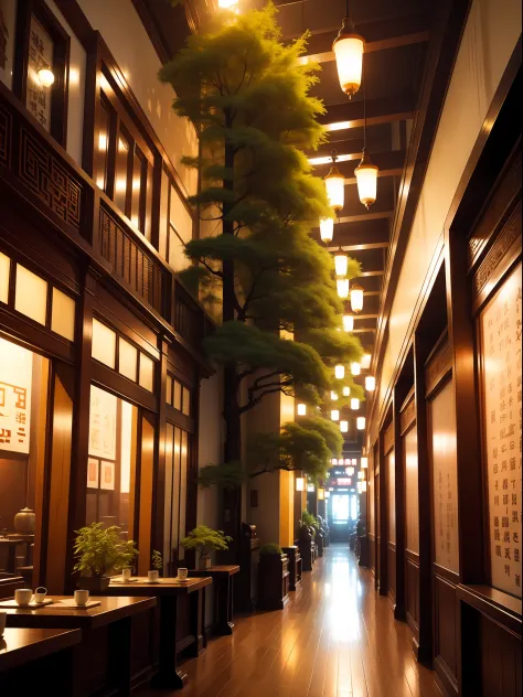 with an antique feel，Arcade Alley furnishings，Towering ancient tree，Tea and Yang double words on the wall。